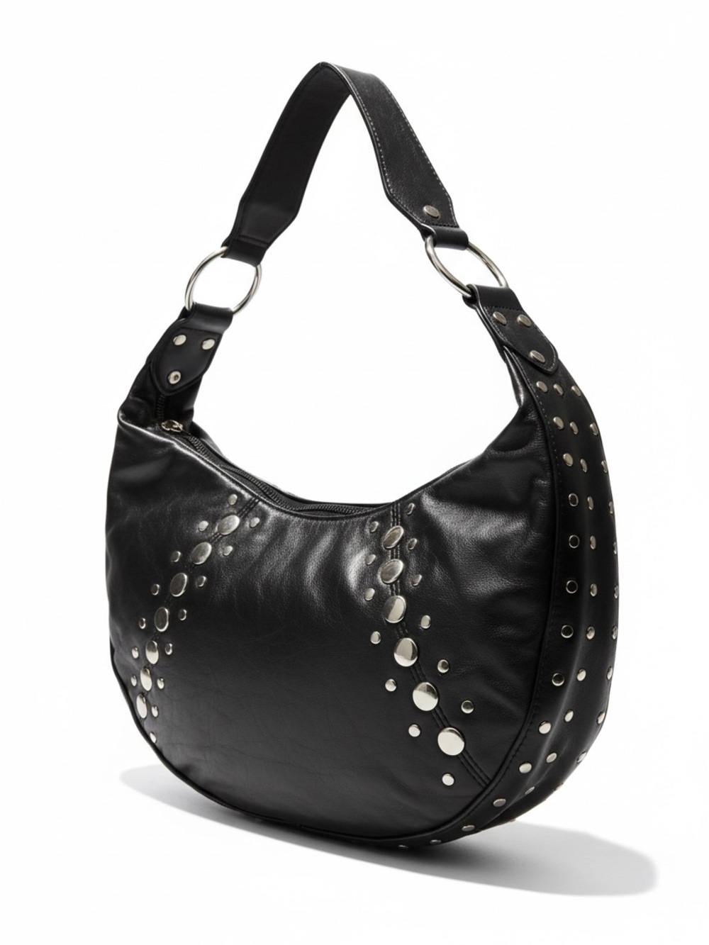 Black Faux Leather Studded Hobo Shoulder Bag